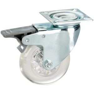 Roulette pivotante Doerner + Helmer, transparente, Ø 7,5 cm, avec frein et boîtier en acier galvanisé.
