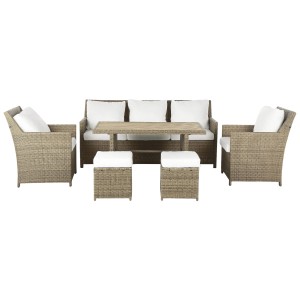 Beliani Ensemble lounge Fonti 5 places en rotin marron avec coussins blancs. Mobilier de jardin avec canapé, fauteuils, tabourets et table.