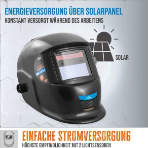 Casco per saldatura automatico Güde GSH-TC-2: Protezione testa nera con pannello solare per alimentazione costante.