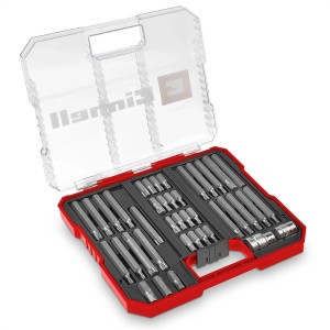 Einhell Jeu de douilles pour voiture XL-Case, 40 pièces, avec embouts et adaptateurs dans une boîte rouge.