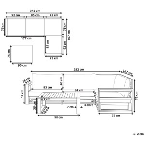 Schéma de l'ensemble lounge Timor II : Dimensions et détails de l'ensemble de meubles de jardin 4 places en taupe.