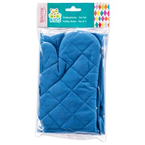 2-tlg. Hobbybäcker Set in Blau: Kinder-Schürze und Ofenhandschuh aus Baumwolle im transparenten Paket.
