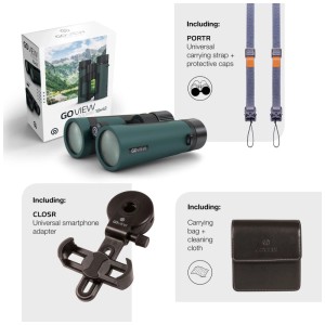 GoView Zoomr 10x42 Fernglas mit Zubehör: Tasche, Smartphone-Adapter und Tragegurt.
