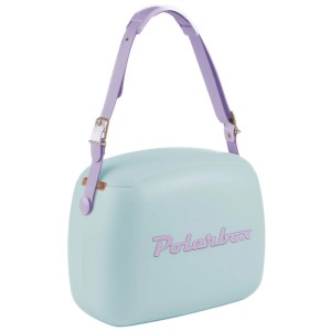 Glacière Polarbox bleu layette 6l avec bandoulière violette et 2 boîtes.