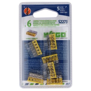 Morsetto Wago, 5 poli, giallo, in blister. Connettore per cavi fino a 2,5 mm².