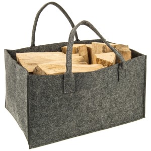 Sac en feutre gris Valo (50x34x27 cm) rempli de bois, pliable et idéal pour le bois de chauffage.