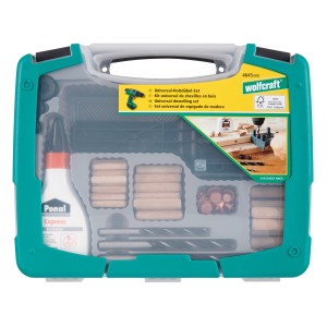 Wolfcraft Kit de tourillons universel, 78 pièces, en coffret avec tourillons, forets, colle et accessoires.