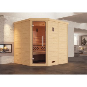 Sauna d'angle Kemi Gr. 1 de Weka en bois clair avec porte en verre et deux banquettes.