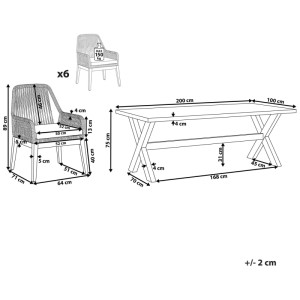 Dessin coté du salon de jardin Beliani Olbia: table (200x100x75 cm) et chaise (89x64x71 cm) avec détails.
