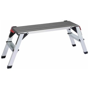 Plateforme de travail robuste en aluminium avec marches antidérapantes et pieds pliables. Idéale pour atelier, maison & jardin.