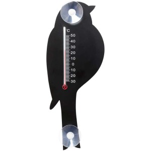 Termometro da finestra Möller Therm a forma di uccello, nero, con ventose per il montaggio a finestra.