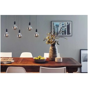 Paulmann LED-Filament Rustika Kolben Rauchglas E27 Leuchtmittel über Esstisch.