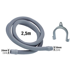 Tuyau d'évacuation gris en PVC, longueur 2,5 m, pour lave-linge et lave-vaisselle avec support.