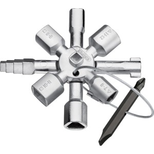 Knipex TwinKey 95mm: Chiave multifunzione per sistemi di chiusura, con bit e cavo in acciaio.