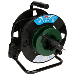 Enrouleur de câble de jardin Max Hauri, 20m, noir et vert, avec prise type 13 pour extérieur.
