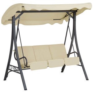 Altalena Hollywood Beliani Garbo beige con tettuccio e struttura in acciaio per 3 persone.