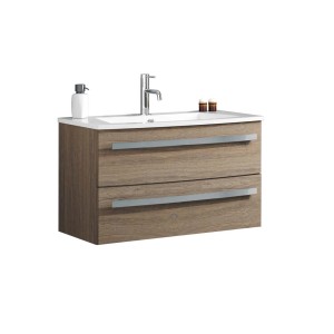 Meuble sous-vasque Oscar chêne Nabucco avec 2 tiroirs et lavabo. Vasque simple aspect bois.