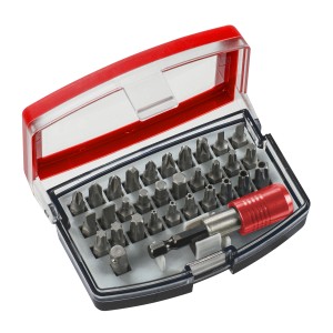 Boîte de 32 embouts KWB, jeu d'outils avec divers embouts et porte-embouts dans une boîte en plastique rouge.