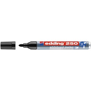 Marqueur pour tableau blanc Edding 250 noir avec capuchon retiré. Largeur de trait 1,5-3 mm.