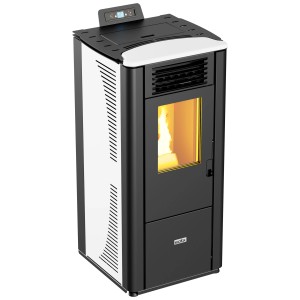 Poêle à granulés Ecofox Andromeda blanc 9,7 kW. Poêle à granulés moderne blanc et noir avec fenêtre.