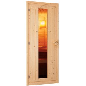 Karibu Sauna Energiespartür aus Holz mit Glaseinsatz und Griff im Karibu Design.