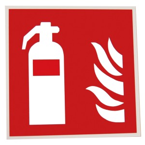 Panneau Alpertec avec symbole extincteur, rouge et blanc, comme signal de sécurité.
