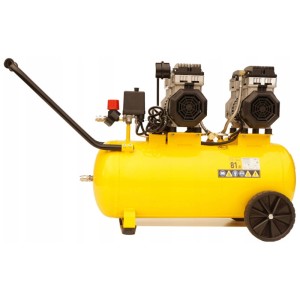 Compresseur Stanley SXCMS2652 jaune, sans huile, 50 l, avec roues et poignée pour un transport facile.