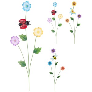 Mehrfarbige Gartenstecker mit Blumen und Insekten (Biene, Marienkäfer, Schmetterling), assortiert.