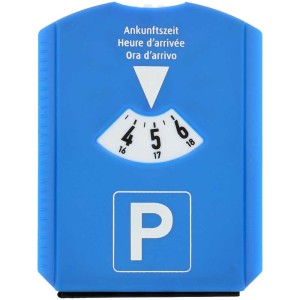 Blaue Cartrend Parkscheibe mit Eiskratzer und Ankunftszeit-Einstellung.