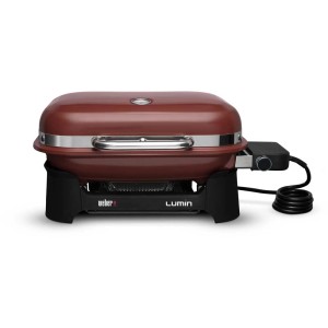 Grill elettrico compatto Weber Lumin rosso con coperchio e controllo della temperatura.