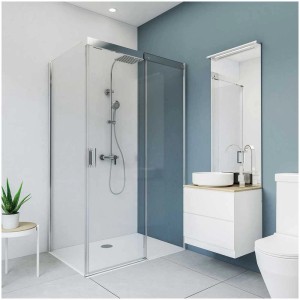 Bagno moderno con pannello posteriore doccia Breuer effetto pietra bianco opaco.