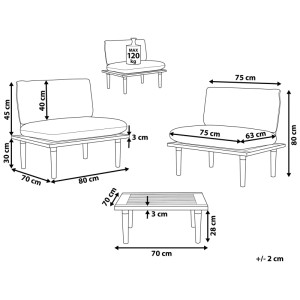 Schizzo set lounge Frascati: 2 posti, tavolo, dimensioni. Legno acacia, cuscini grigio chiaro.
