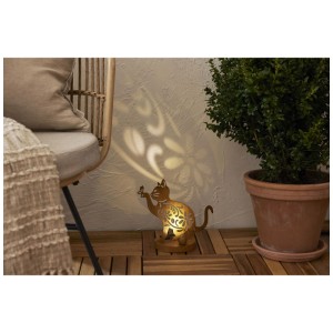 Lampe solaire chat en métal couleur rouille, 26 cm de haut, projette des ombres décoratives.