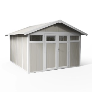 Abri de jardin Grosfillex Utility 11, gris-vert, 11 m², abri en PVC avec double porte.