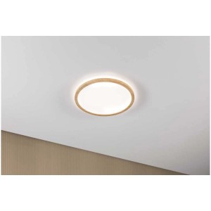 Panneau LED rond Paulmann Atria Shine aspect bois avec rétroéclairage sur un plafond.