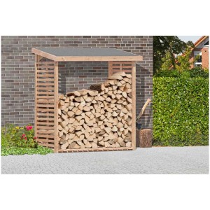 Étagère à bois de chauffage en mélèze, taille L (200x200x75cm), remplie de bûches devant un mur en briques.