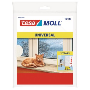 Emballage du joint en mousse profilé en I Tesamoll Universal, blanc, 10 m, avec chat à la fenêtre.
