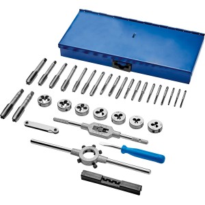 Jeu de tarauds et filières LUX Classic 32 pièces avec tarauds, filières, tourne-à-gauche, porte-filière, jauge, tournevis et coffret.