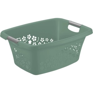 Panier à linge Rotho Flowers Mistletoe Green 25l avec décor floral et poignées en plastique.