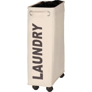 Cesto portabiancheria Wenko Corno beige stretto con ruote e scritta 'Laundry', 43 litri.