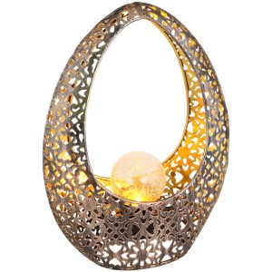 Sculpture solaire LED Globo en métal bronze avec boule en verre et perforations décoratives.