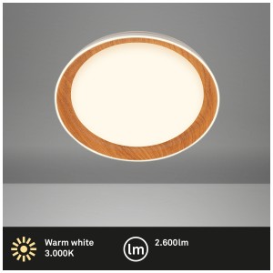 Plafonnier LED Briloner aspect bois avec bord lumineux, 24W, lumière blanc chaud.