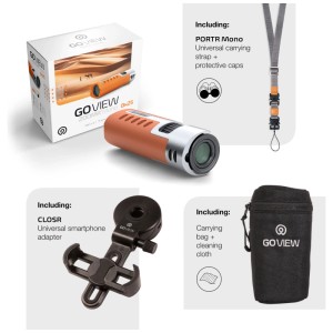 GoView Monokular Zoomr HD 8x25 mit Zubehör: Tasche, Gurt, Smartphone-Adapter.