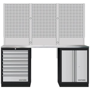 Kraftwerk Mobilio : Établi d'atelier avec panneau perforé, plan de travail inox, tiroirs et armoire.