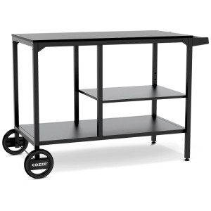Cozze BBQ-Station Elements: Schwarze Outdoorküche mit 3 Regalebenen und Rädern.