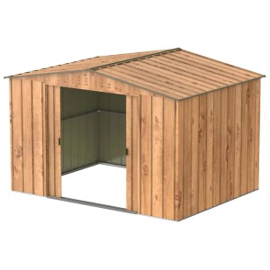 Casetta da giardino in metallo Duramax effetto legno marrone, 3,2 x 2,4 m. Casetta con tetto a due falde e ampia apertura.
