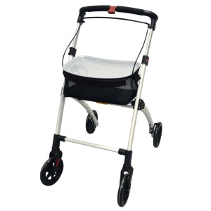 Rollator d'intérieur Ridder blanc avec plateau et panier pour la sécurité dans la salle de bain.