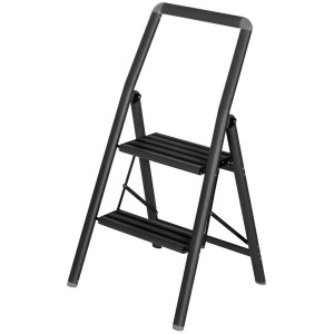 Scaletta pieghevole Wenko Compact Alu nera a 2 gradini con maniglia.