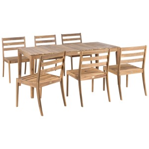 Salon de jardin Chioggia: table rectangulaire et 6 chaises en bois d'acacia clair, design scandinave.