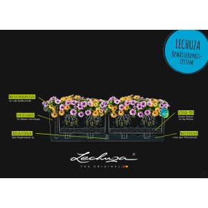 Graphique : Jardinière Lechuza Balconera Color 80, brun sable, avec schéma du système d'irrigation.